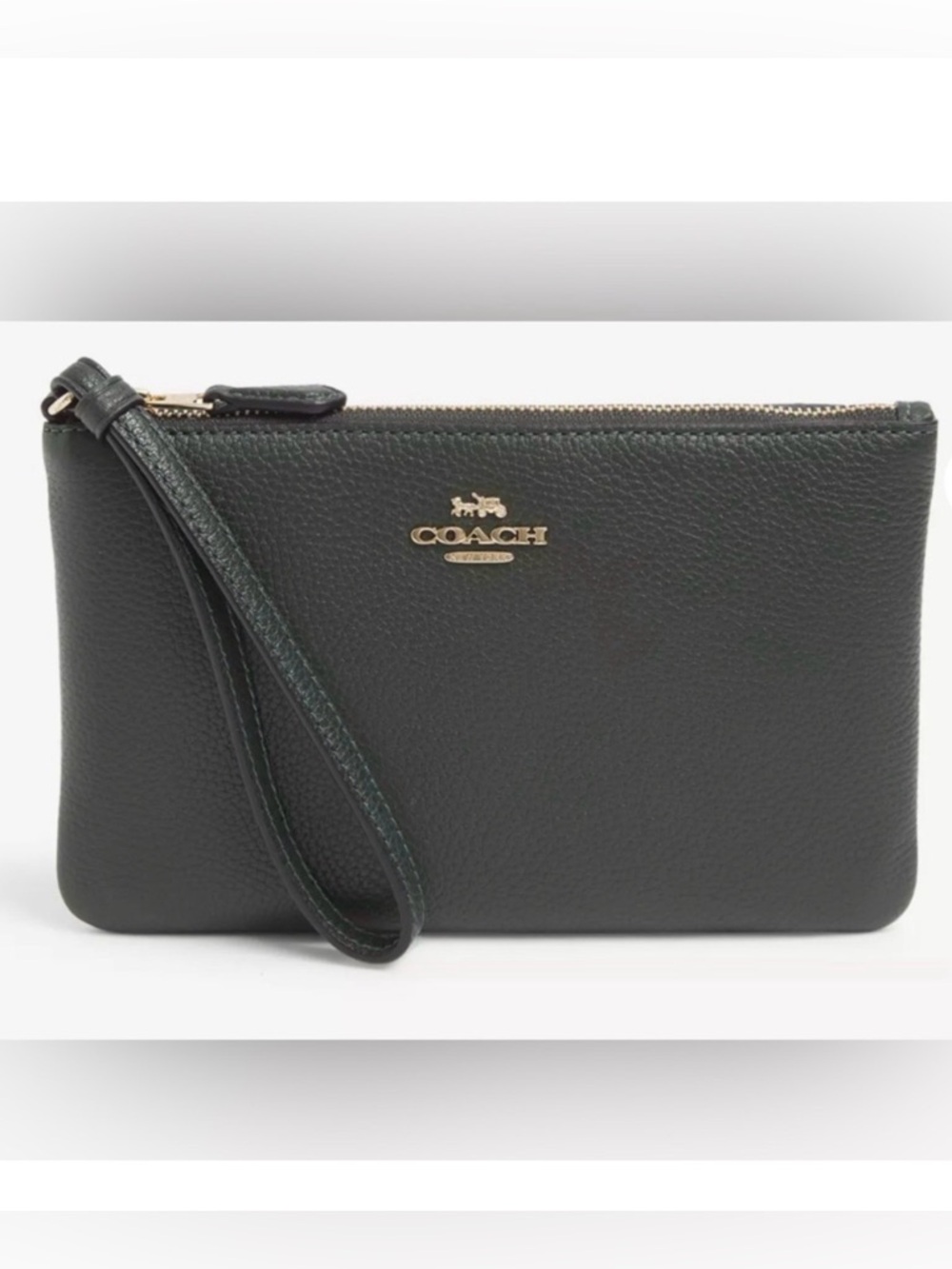 COACH Pebbled Leather Wristlet Green Gold Clutch Wallet Zippered